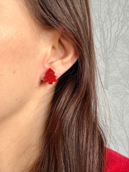 Joulukuusi-nappikorvakorut, punainen glitter