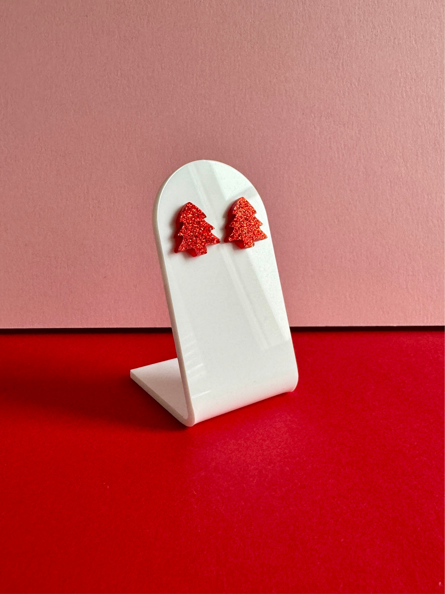 Joulukuusi-nappikorvakorut, punainen glitter