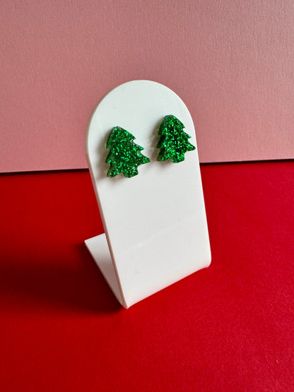 Joulukuusi-nappikorvakorut, vihreä glitter