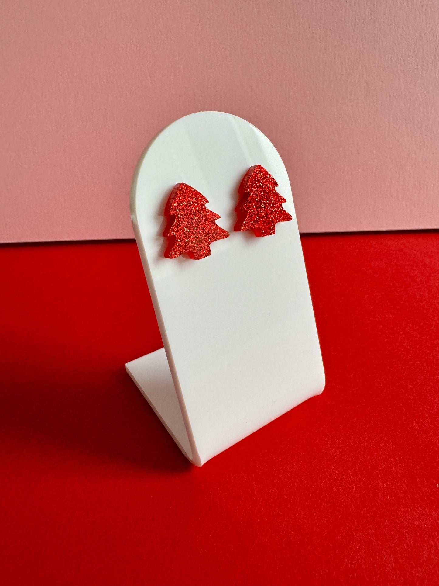 Joulukuusi-nappikorvakorut, punainen glitter
