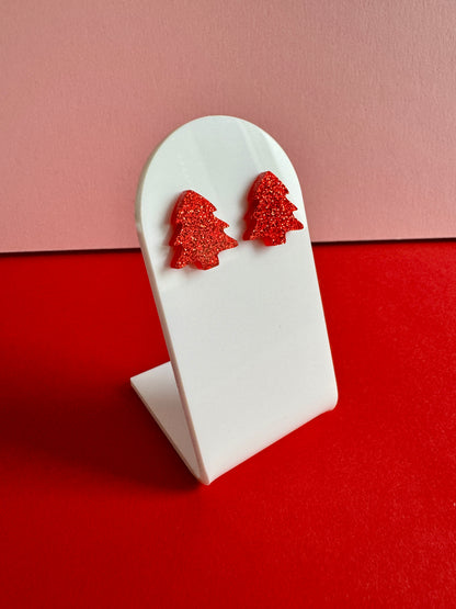 Joulukuusi-nappikorvakorut, punainen glitter