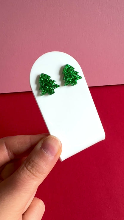 Joulukuusi-nappikorvakorut, vihreä glitter