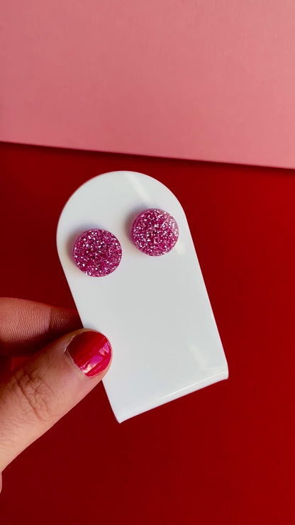 Pyöreät nappikorvakorut, vaaleanpunainen glitter