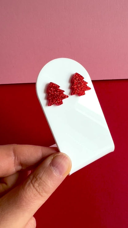 Joulukuusi-nappikorvakorut, punainen glitter